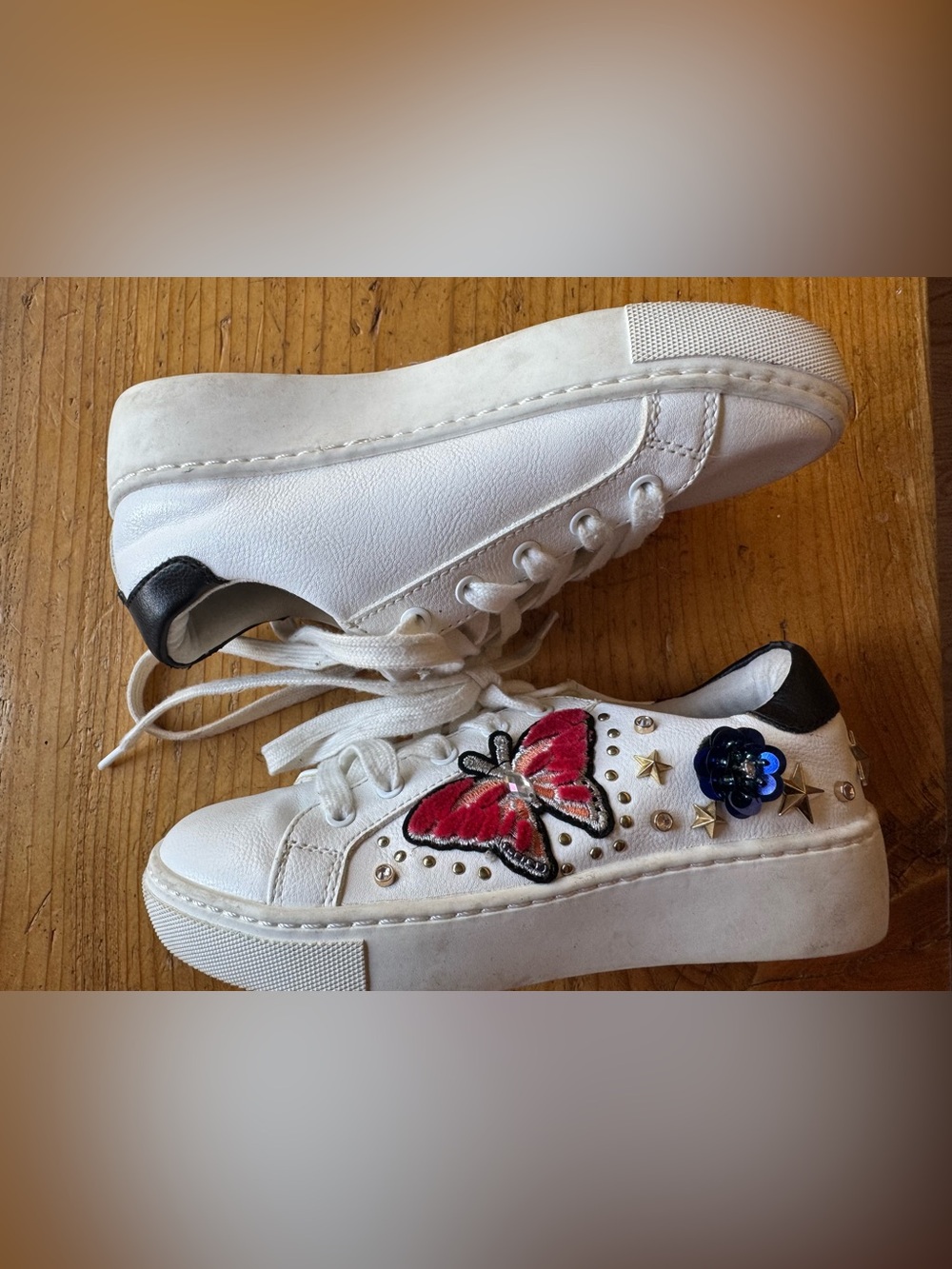 Aldo White Sneakers with Red Butterfly and Blue Flower Accents